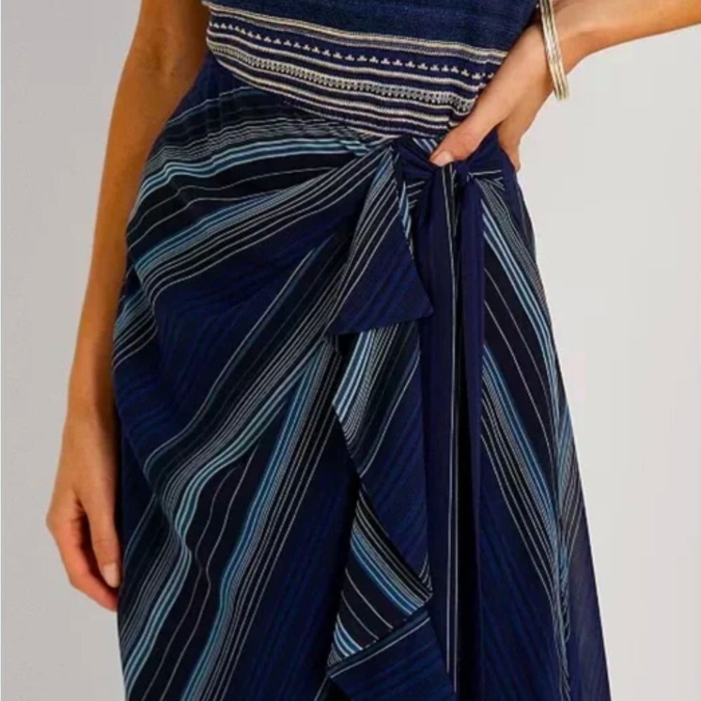 Lauren Ralph Lauren | Stripe Print Georgette Ruffle Front A-Line Midi Skirt.
